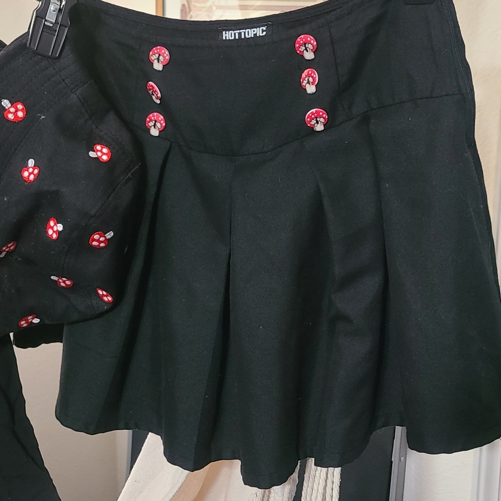 Hot Topic Mushrooms Black Shirt, Skirt, And Hat with Red Mushroom Buttons
